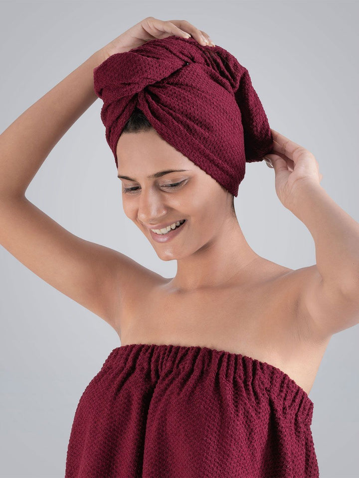 MYTRIDENT Maroon Cotton Bath Robe With HeadWrap