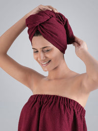 MYTRIDENT Maroon Cotton Bath Robe With HeadWrap