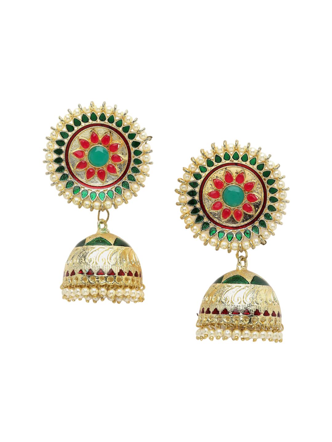 Anouk Red Gold-Plated Stone Studded & Beaded Dome-Shaped Jhumkas