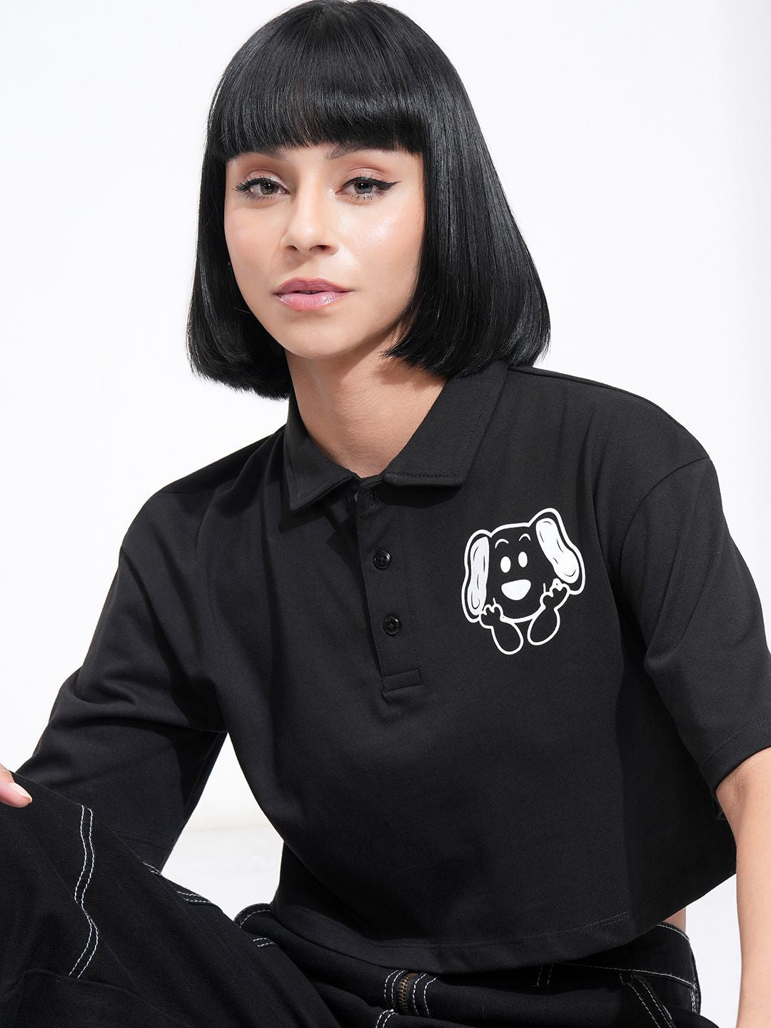 Street By Tokyo Talkies Women Solid Crop Collared Print at Chest Top