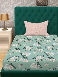 Aura Green & White Floral 300 TC Fitted Single Bedsheet Set 2.25 m x 1.50 m