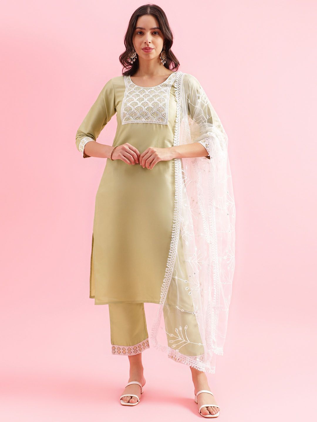 KALINI Women Floral Embroidered Regular Sequinned Kurta with Trousers & Dupatta