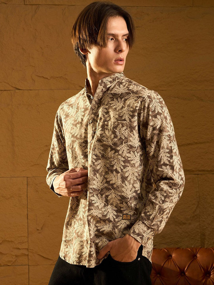 DENNISON Floral Block Printed Mandarin Collar Cotton Short Kurta