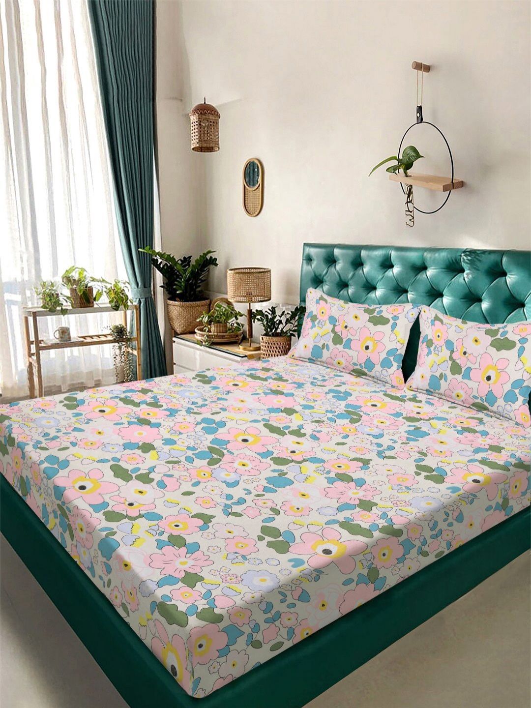 Aura White & Blue Floral Printed 300 TC King Bedsheet Set 2.5 m x 2.25 m