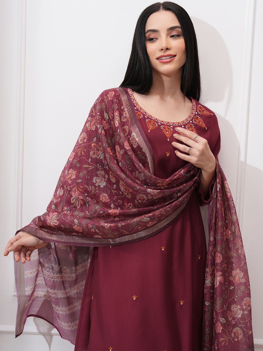 Vishudh Women Ethnic Motifs Embroidered Regular Kurta with Trousers & With Dupatta