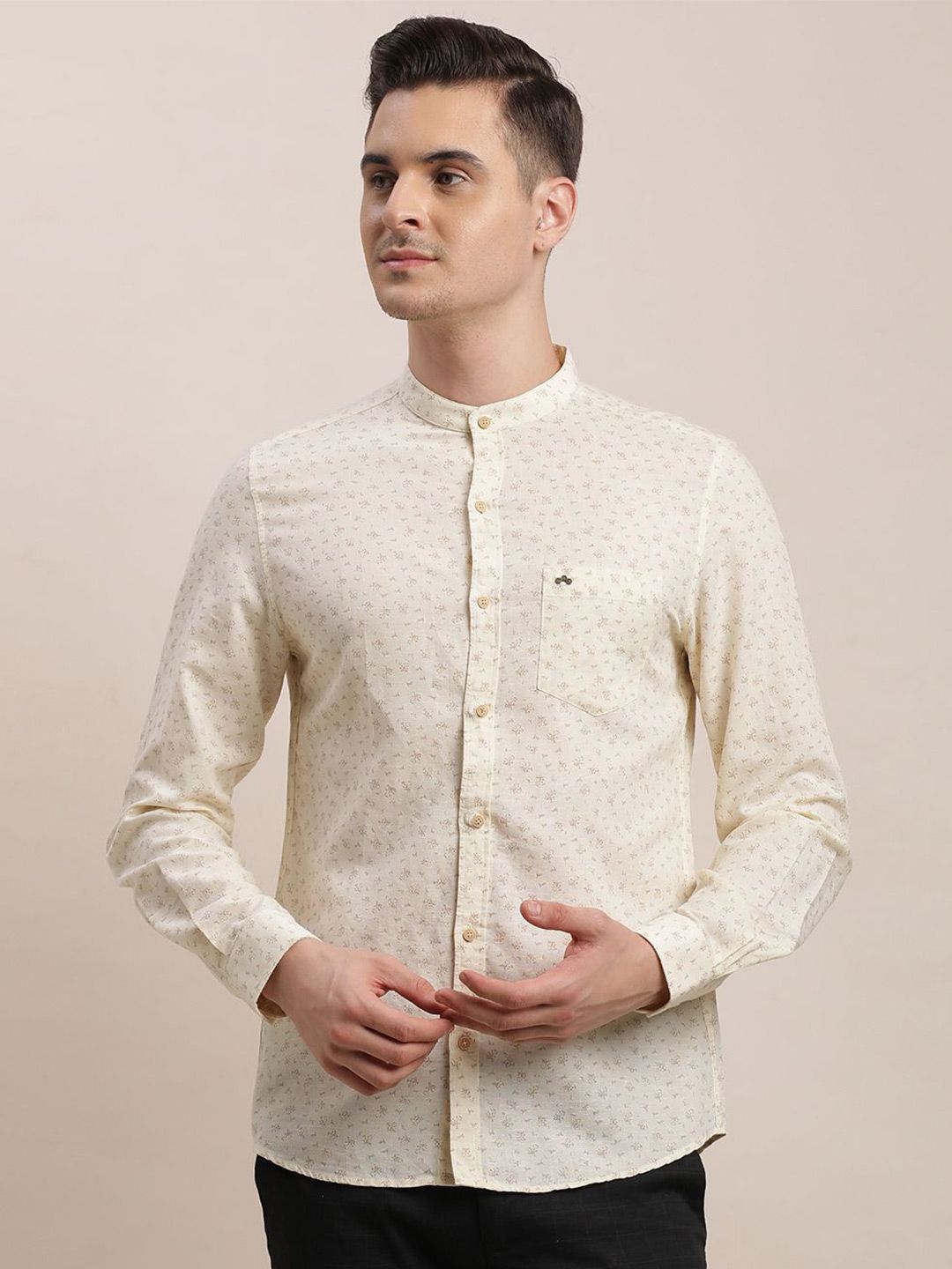Turtle Men Relaxed Mandarin Collar Micro Ditsy Printed Cotton Linen Slim Fit Casual Shirt