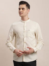 Turtle Men Relaxed Mandarin Collar Micro Ditsy Printed Cotton Linen Slim Fit Casual Shirt