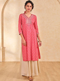 Global Desi Floral Printed Mirror Work Straight Kurta