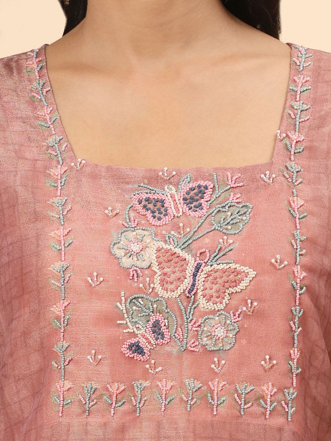 Mamicha Women Floral Embroidered Regular Beads and Stones Pure Cotton Kurta with Palazzos & With Dupatta