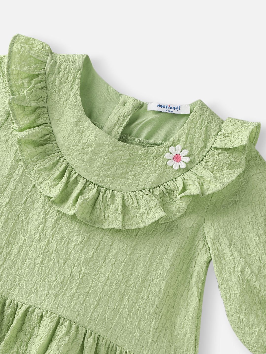 Nauti Nati Girls Green Cotton Crepe Dress with Floral Brooch