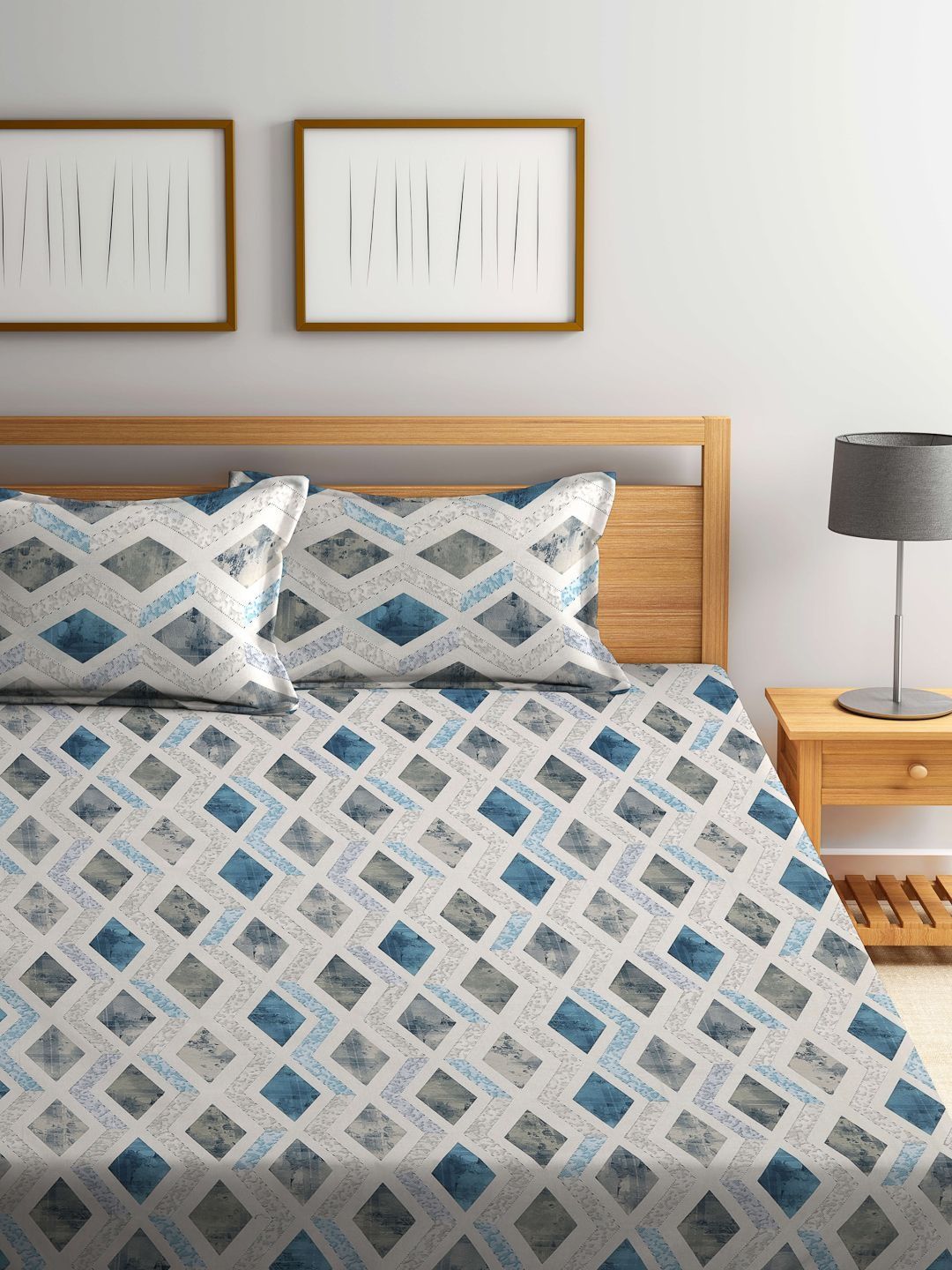 Myntra Elegant Homes Blue Geometric Cotton 400TC King Double Bedsheet dengan 2 Sarung Bantal
