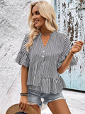 DressBerry Striped Bell Sleeve Ruffles A-Line Top