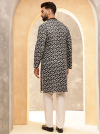 Anouk Black And White Floral Embroidered Band Collar Pure Cotton Kurta With Trouser
