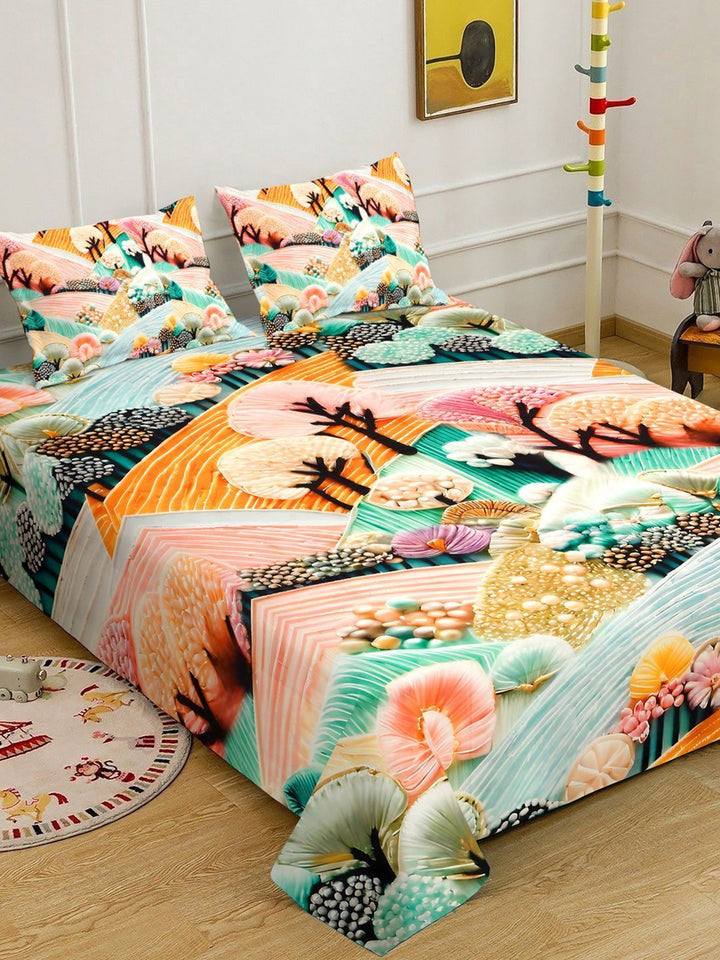 Cadar Katil Superfine Berbilang Bunga Bercetak 7D 400 TC Double King Dengan 2 Sarung Bantal