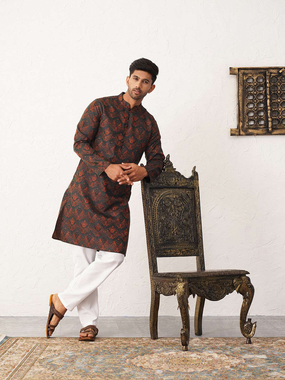 JOMPERS WOVEN Design Printed Mandarin Collar Straight Kurta