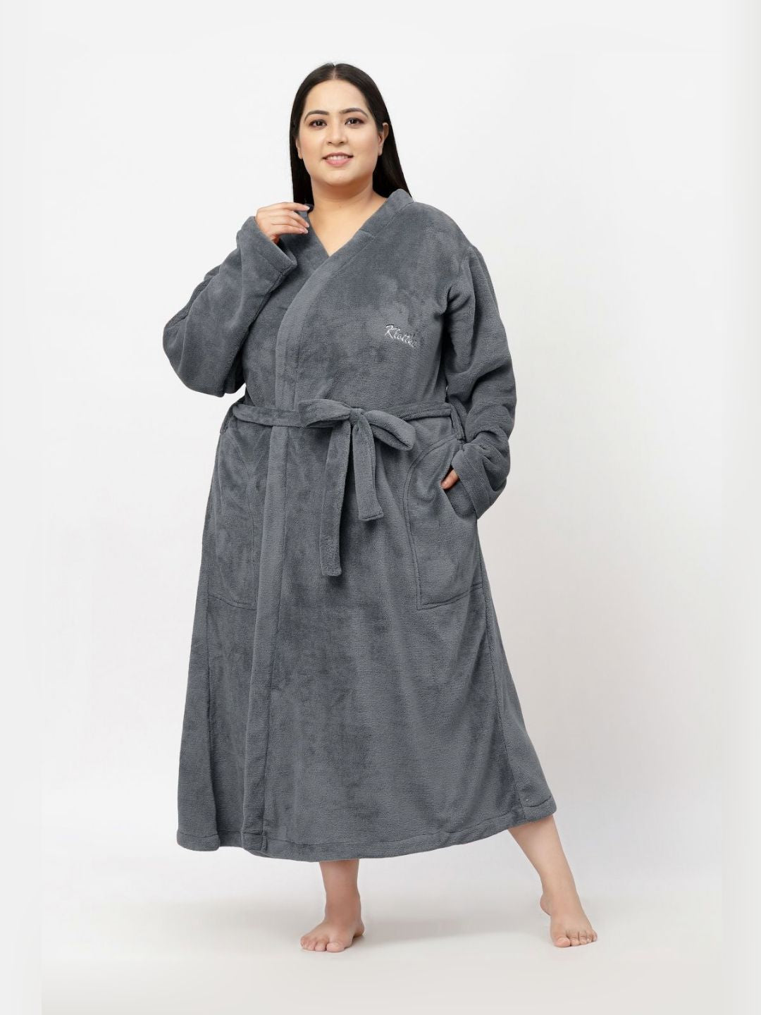 KLOTTHE Plus Size Grey Woollen Long Sleeves Bath Robe With Belt