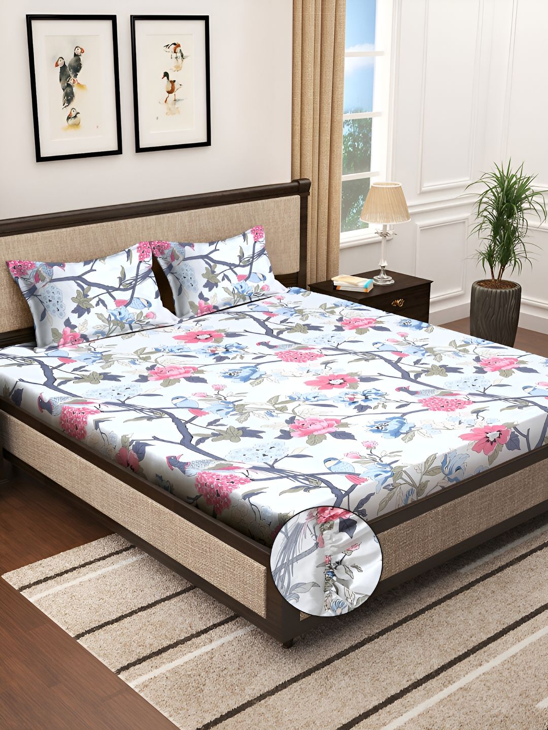 KLOTTHE White Floral Fitted 300 TC King Fine Bedsheet with 2 Pillow Covers-250X225 cm