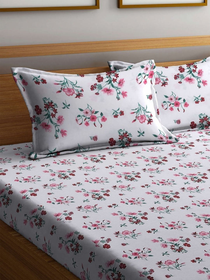 BOMBAY DYEING 525B Pink & White Floral 164 TC Pure Cotton Queen Bedsheet Set