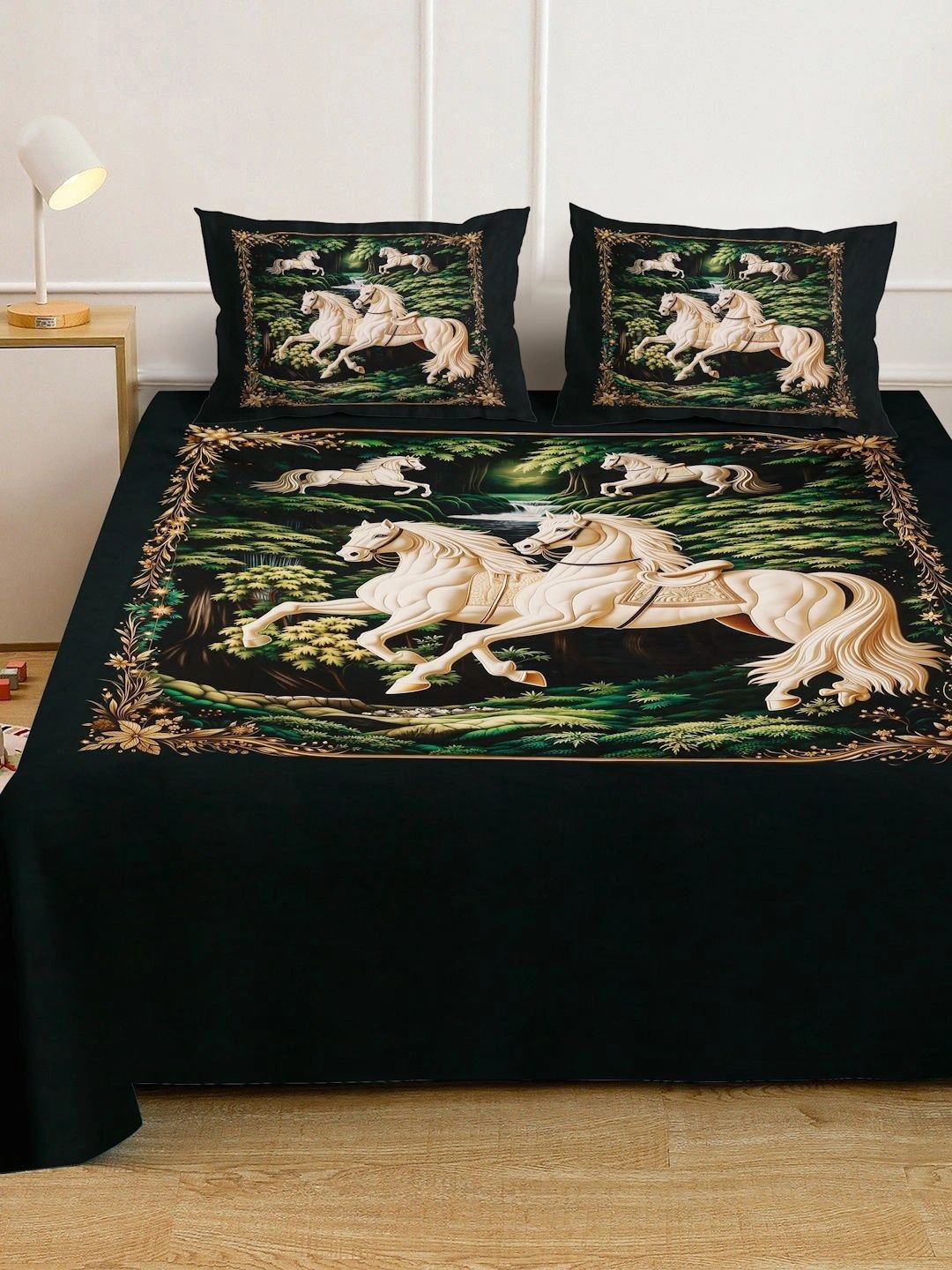 Myntra Elegant Homes Green & Black 400 TC King Bedsheet with 2 Pillow Covers