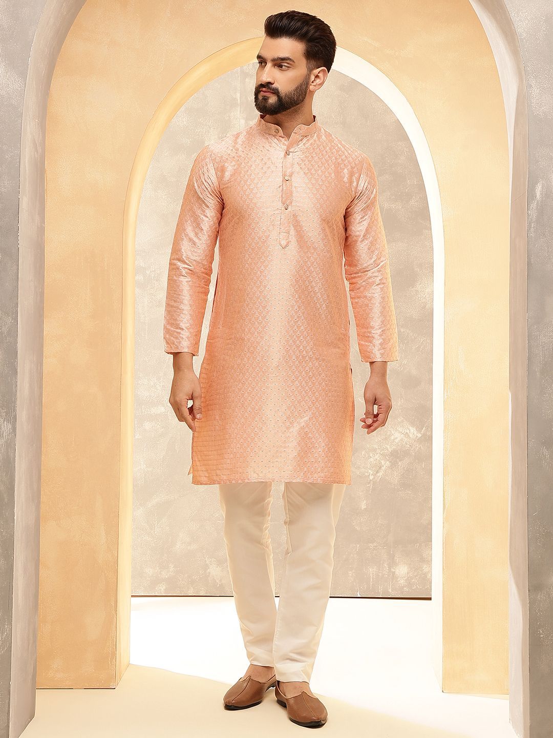 Anouk Pink Ethnic Motifs Woven Design Jacquard Silk Straight Kurta With Trousers