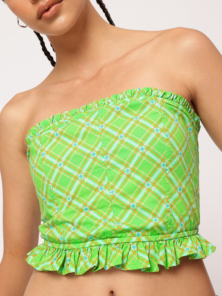 DressBerry Picnic Perfect Checked Ruffled Crop Bardot Top