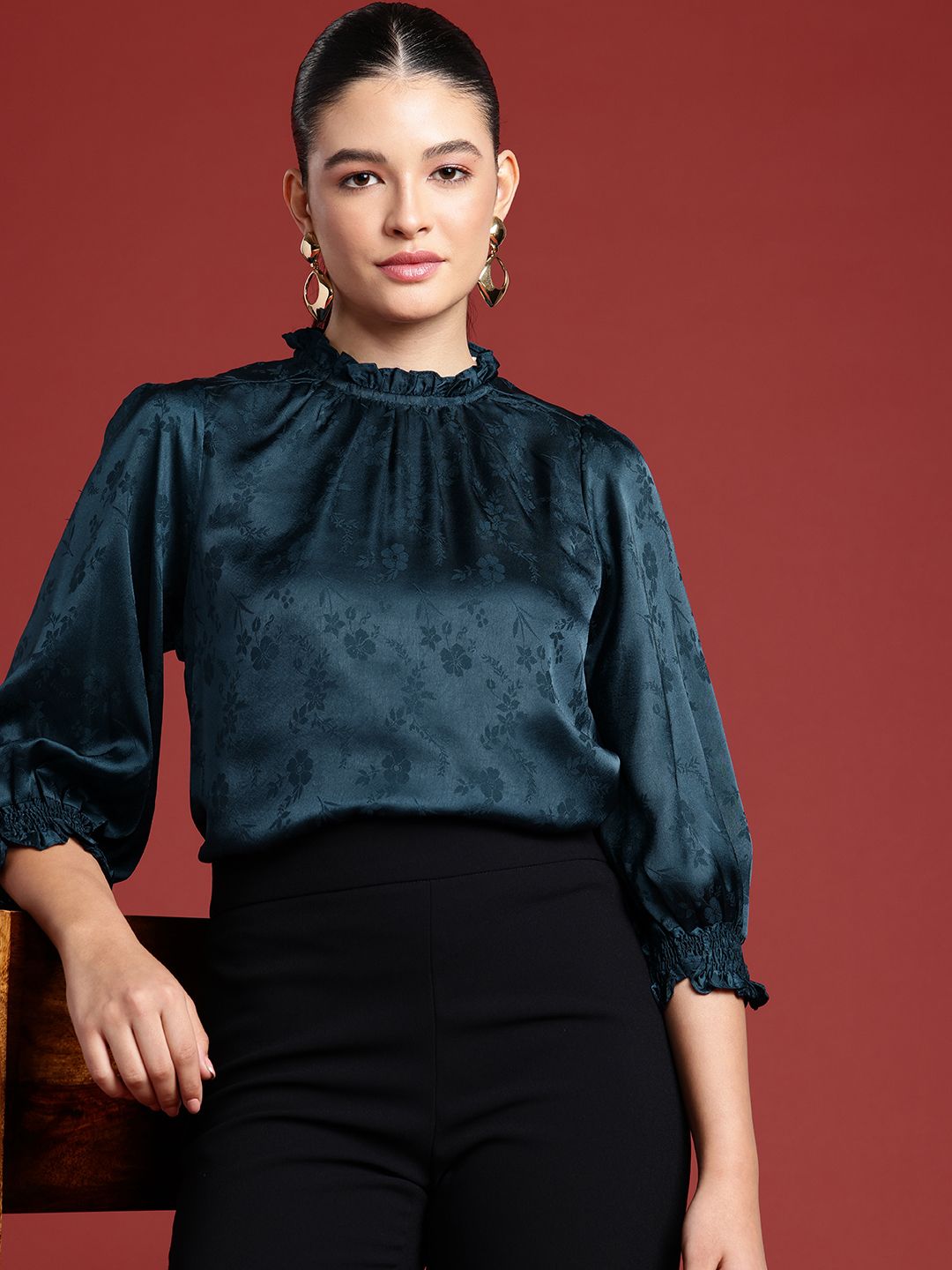 all about you Floral Self Designed High Neck Puff Sleeve Regular Top