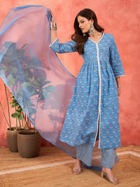 Shae by SASSAFRAS Floral Printed V-Neck Pure Cotton A-Line Kurta With Trousers & Dupatta