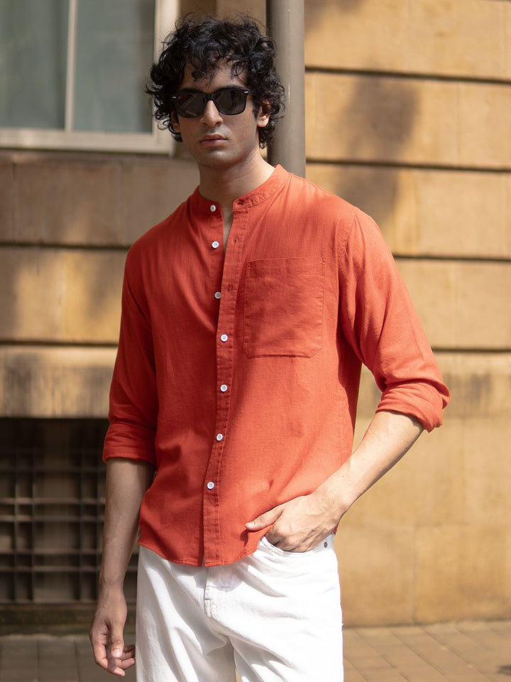 Powerlook Men Solid Mandarin Collar Cotton Casual Shirt