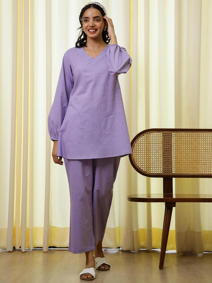 Mamicha Wanita Bercetak V-Neck Cotton Tunik dan Seluar Co-Ords