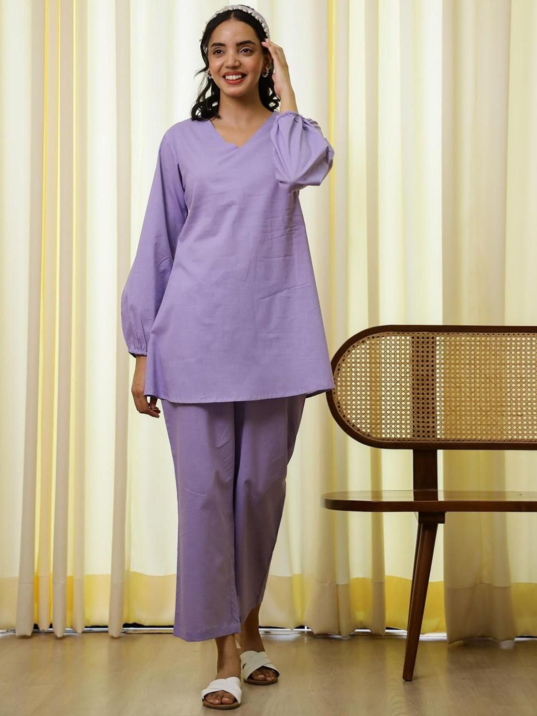 Mamicha Wanita Bercetak V-Neck Cotton Tunik dan Seluar Co-Ords