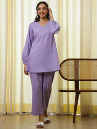 Mamicha Wanita Bercetak V-Neck Cotton Tunik dan Seluar Co-Ords