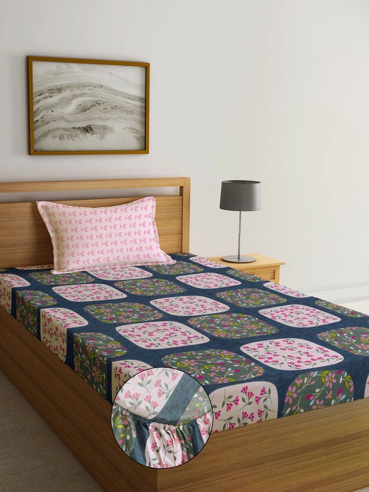 Myntra Elegant Homes Pink & Blue Floral 300 TC Single Bedsheet with 1 Pillow Covers
