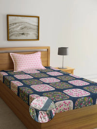 Myntra Elegant Homes Pink & Blue Floral 300 TC Single Bedsheet with 1 Pillow Covers