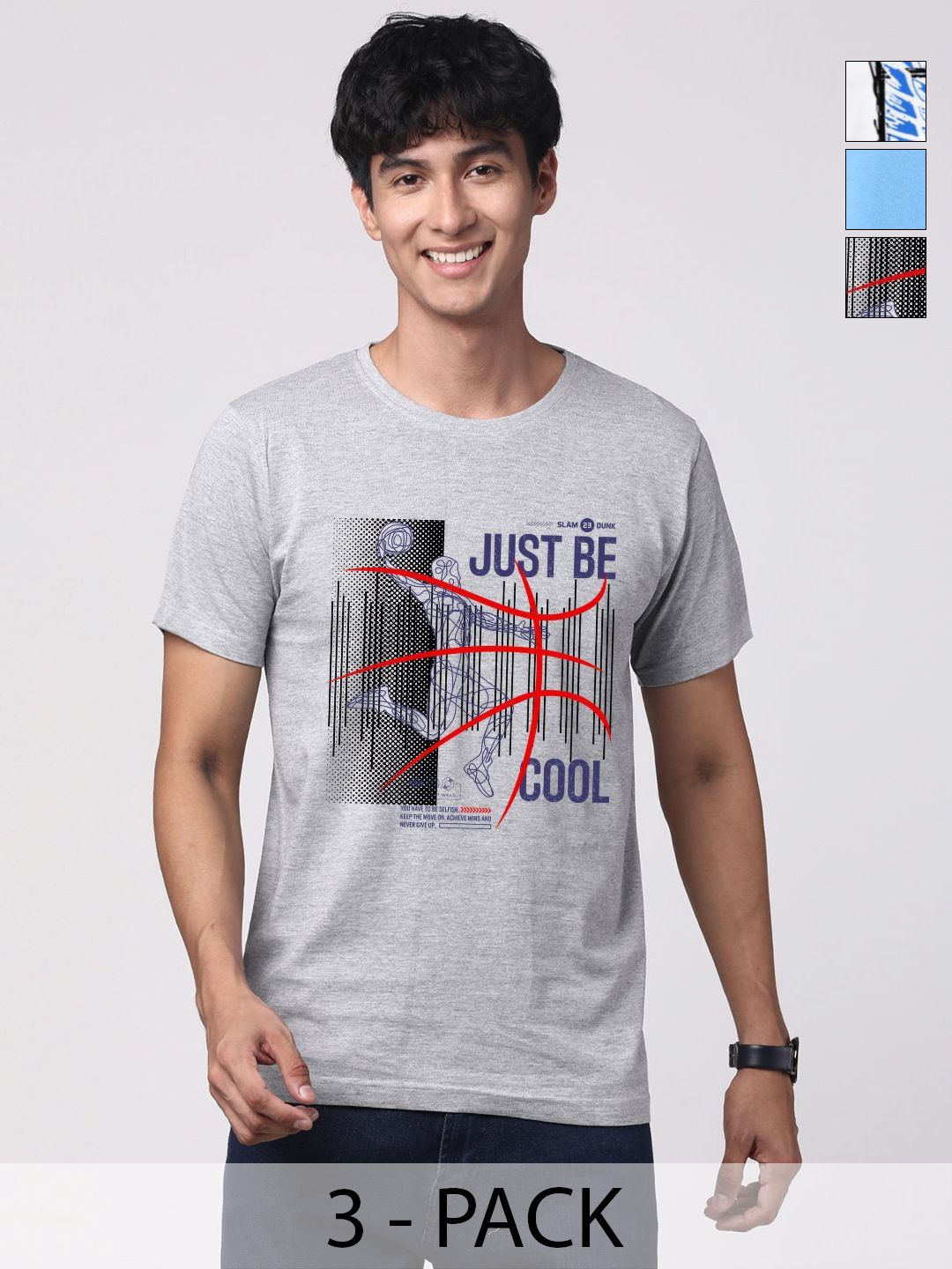 Pek ADRO Lelaki dengan 3 T-shirt Kapas Leher Bulat Bercetak Grafik