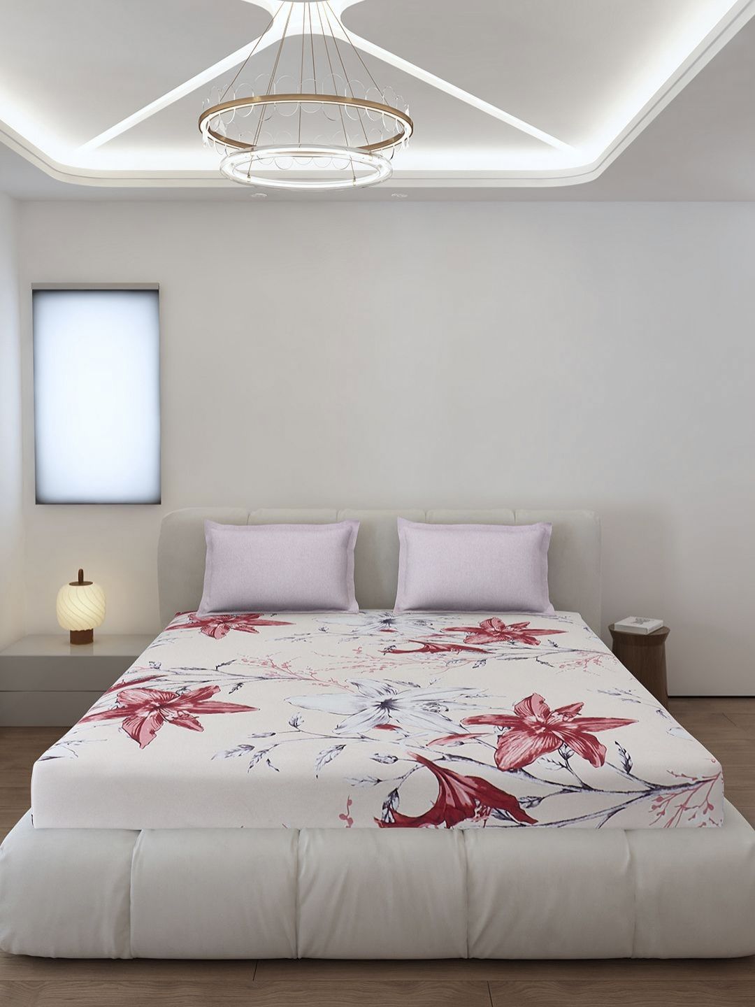 Monte Carlo Stanley Pink & White Floral Printed 144 TC King Bedsheet Set 1.85 m x 1.95 m