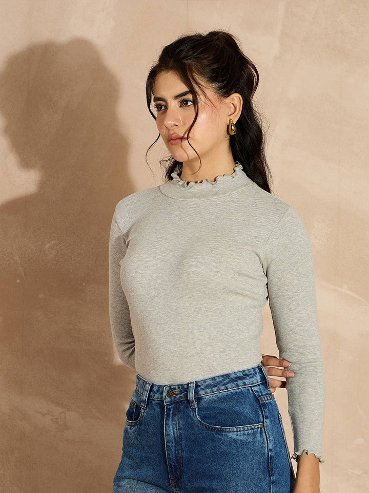 SASSAFRAS Women Grey Long Sleeves High Neck Top