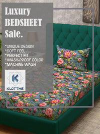KLOTTHE Turquoise & Pink Floral Printed Flat 300 TC Single 7D Bedsheet With Pillow Cover