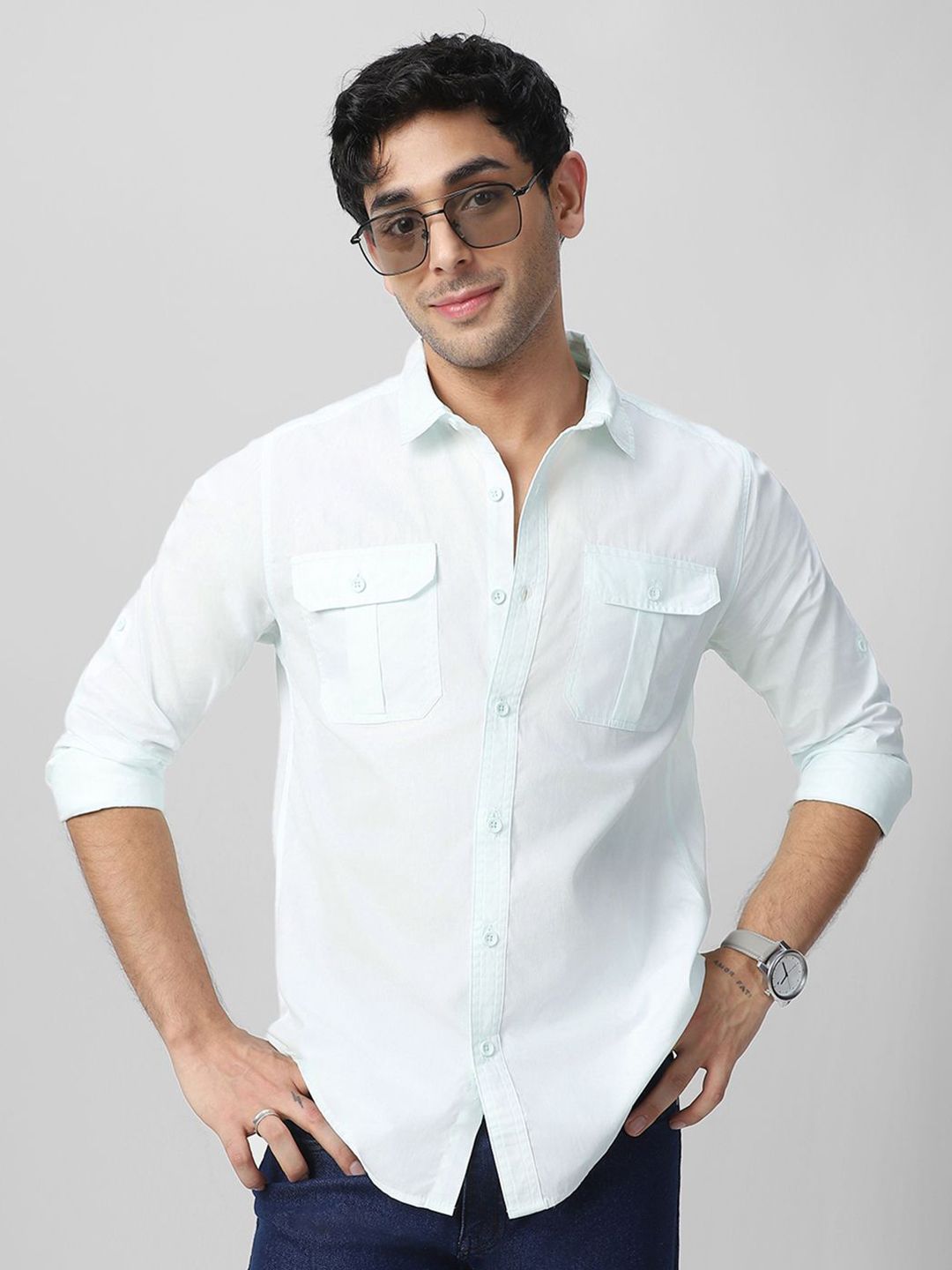 Urbano Fashion Men Spread Collar Solid Cotton Casual Shirt