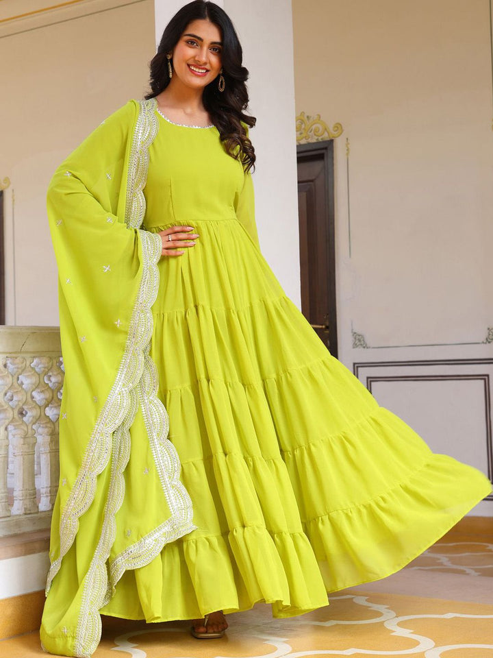 KALINI Women Layered Thread Work Kurta with Pyjamas & With Dupatta