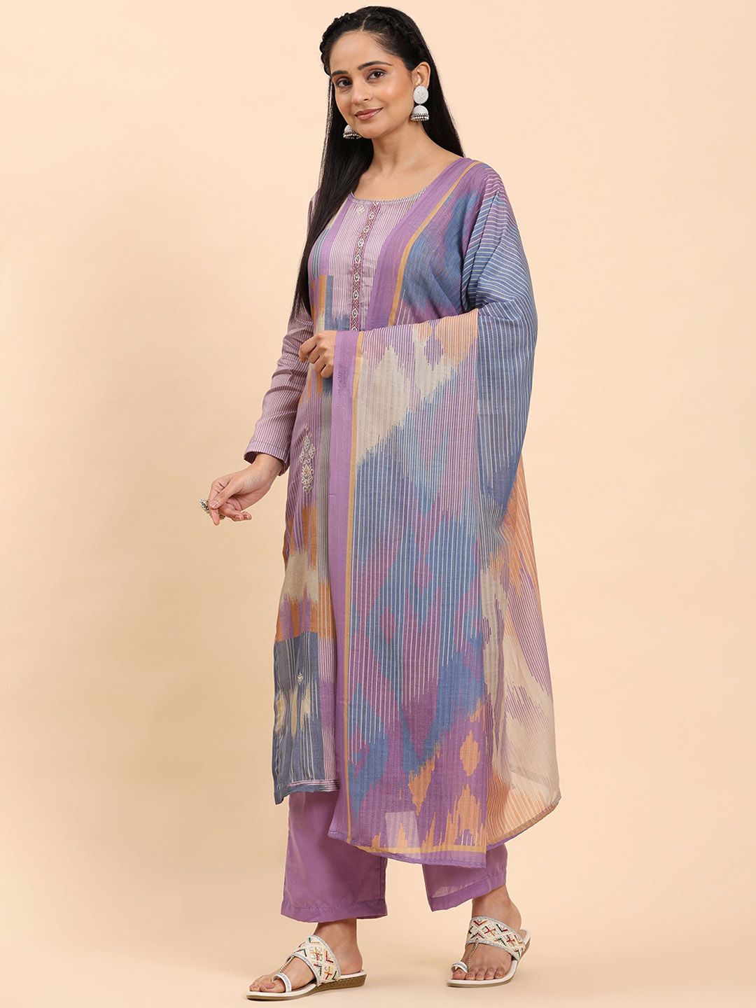 Mamicha Wanita Bercetak Kurta Kapas Tulen Biasa dengan Palazzos & Dengan Dupatta