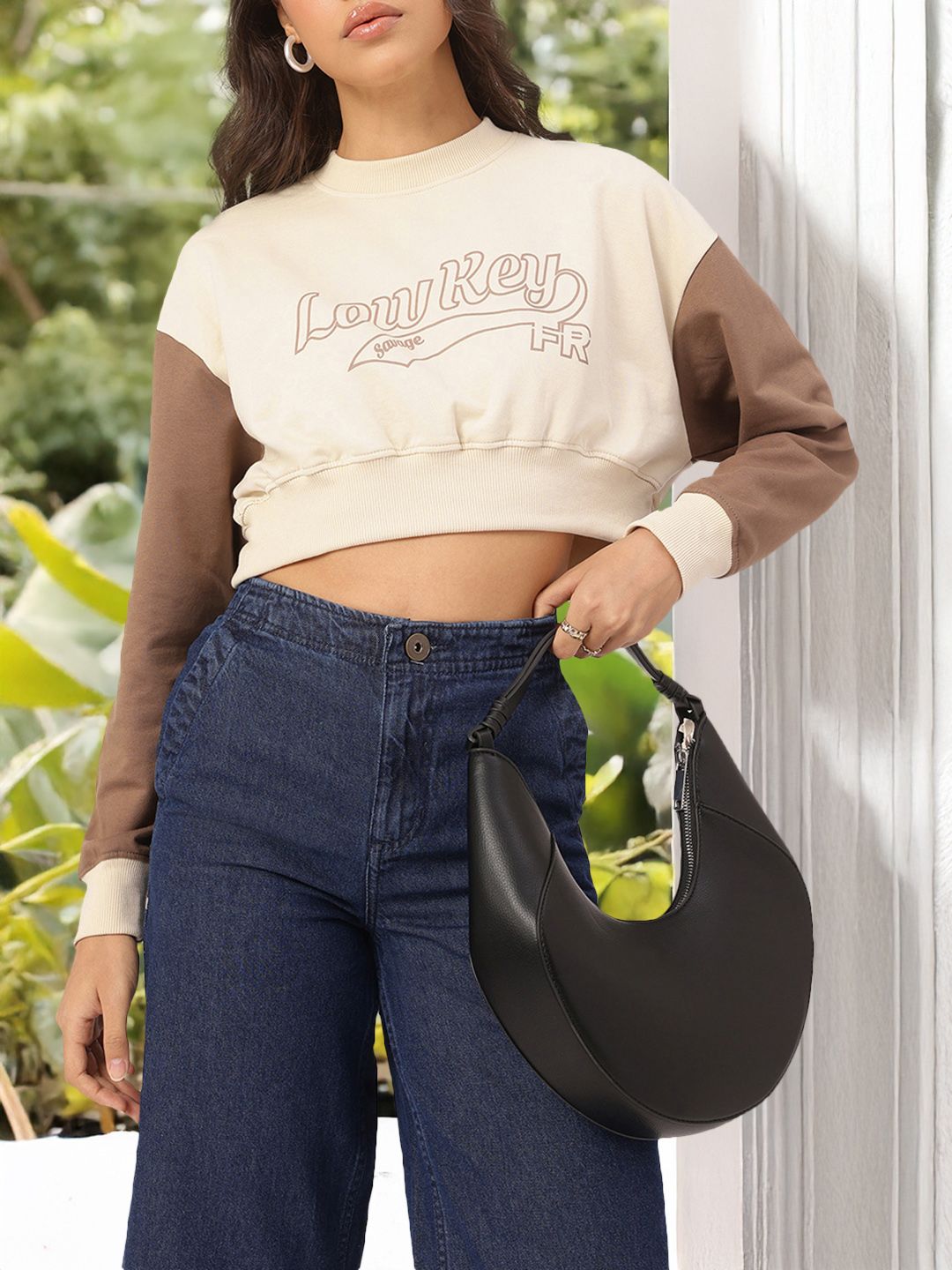 DressBerry Printed Contrast Sleeves Crop Sweatshirt