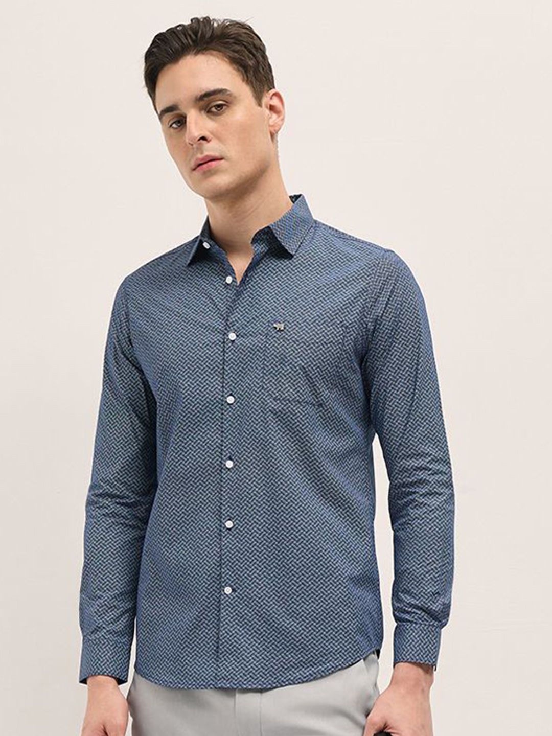 THE BEAR HOUSE Men Spread Collar Geometric Printed Cotton Tailored Fit Formal Shirt