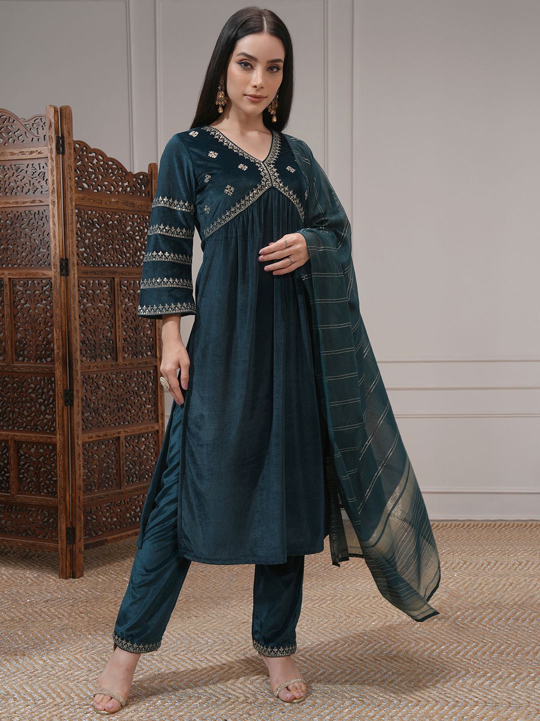 Vishudh Women Embroidered Velvet Gathe Kurta with Slim Palazzo & Dupatta