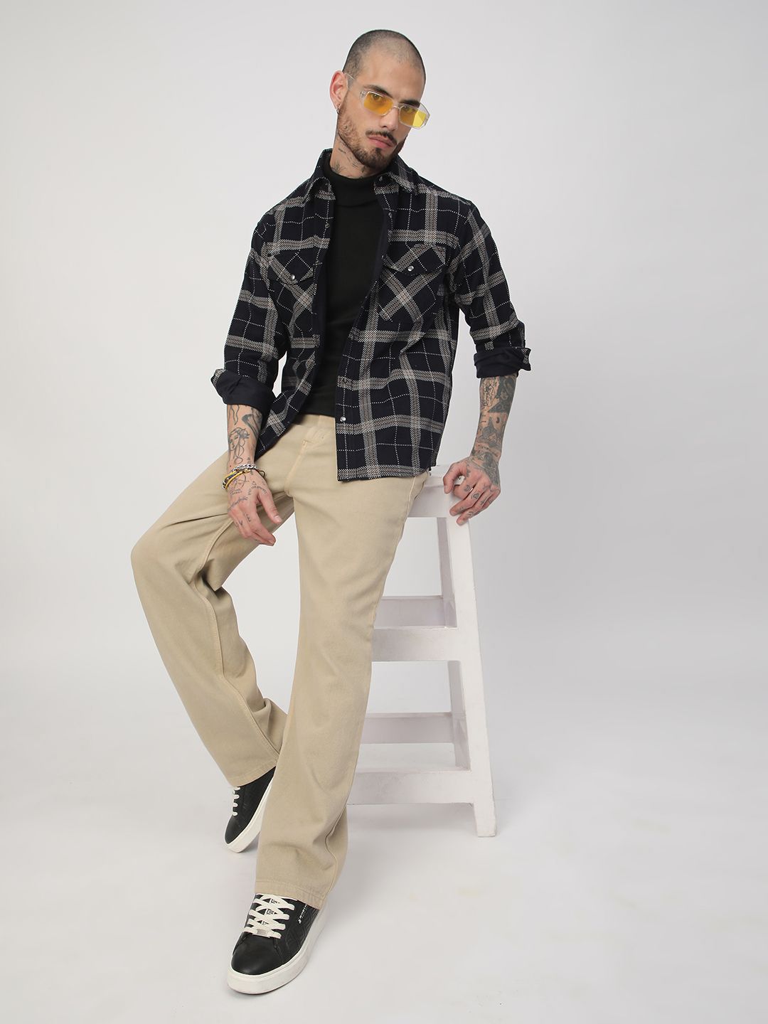 VASTRADO Men Elan Navy Dot Checks Double Flap Pocket Cotton Corduroy Overshirt