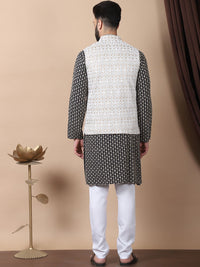 Anouk Black Floral Embroidered Thread Work Pure Cotton Kurta with Churidar & Nehru Jacket