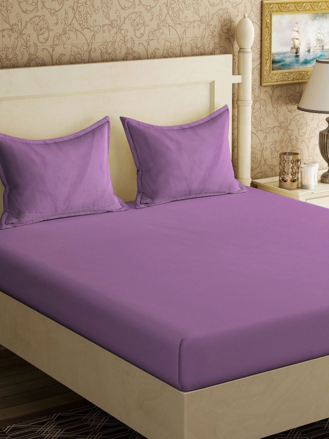Myntra Elegant Homes Purple Solid 300 TC King Cadar Halus & 2 Sarung Bantal-250X225 sm