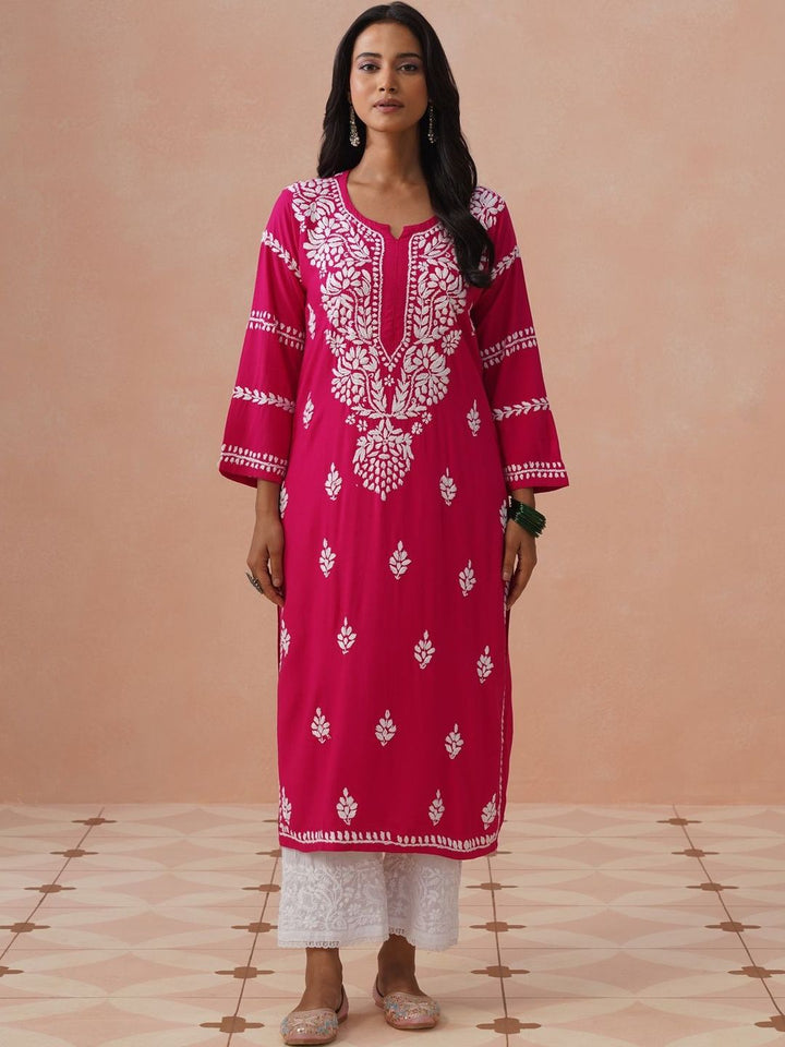 House of Chikankari Women Ethnic Motifs Embroidered Keyhole Neck Chikankari Kurta