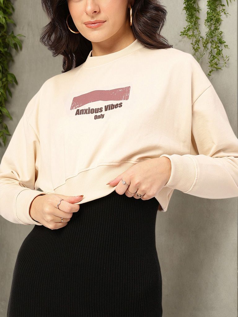 DressBerry Typography Printed Drop-Shoulder Crop Sweatshirt