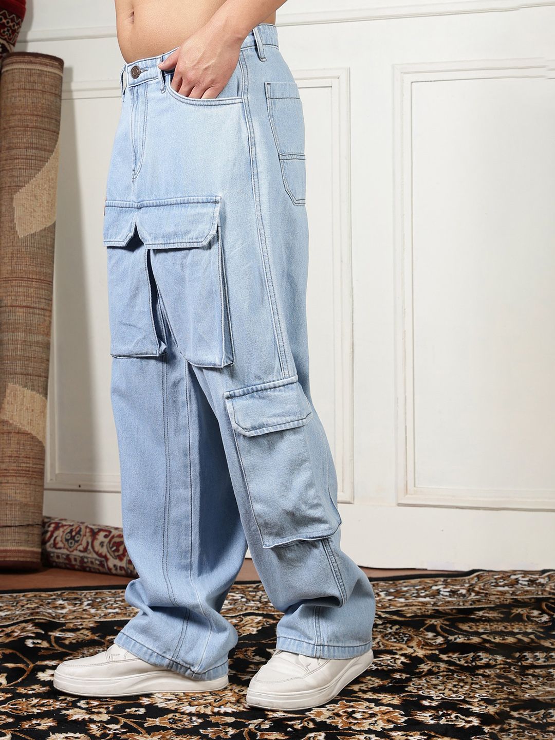 Eszett Men Blue Comfort High-Rise Longgar Cotton Cargos Seluar