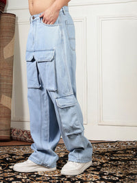 Eszett Men Blue Comfort High-Rise Longgar Cotton Cargos Seluar